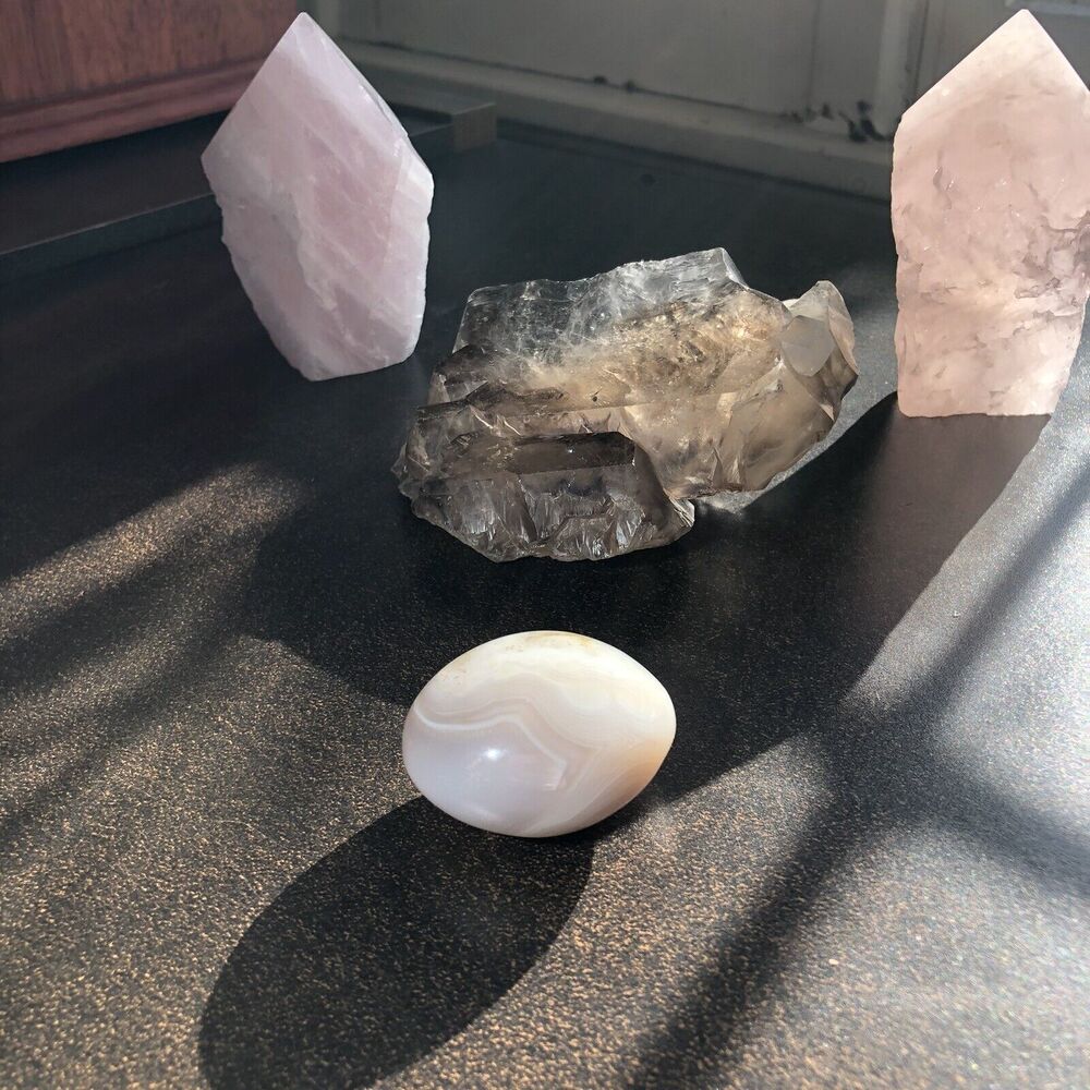 Elestial Smoky Quartz, Rose Quartz & Agate Set  Heart Healing & Balance Crystals - Picture 5 of 9